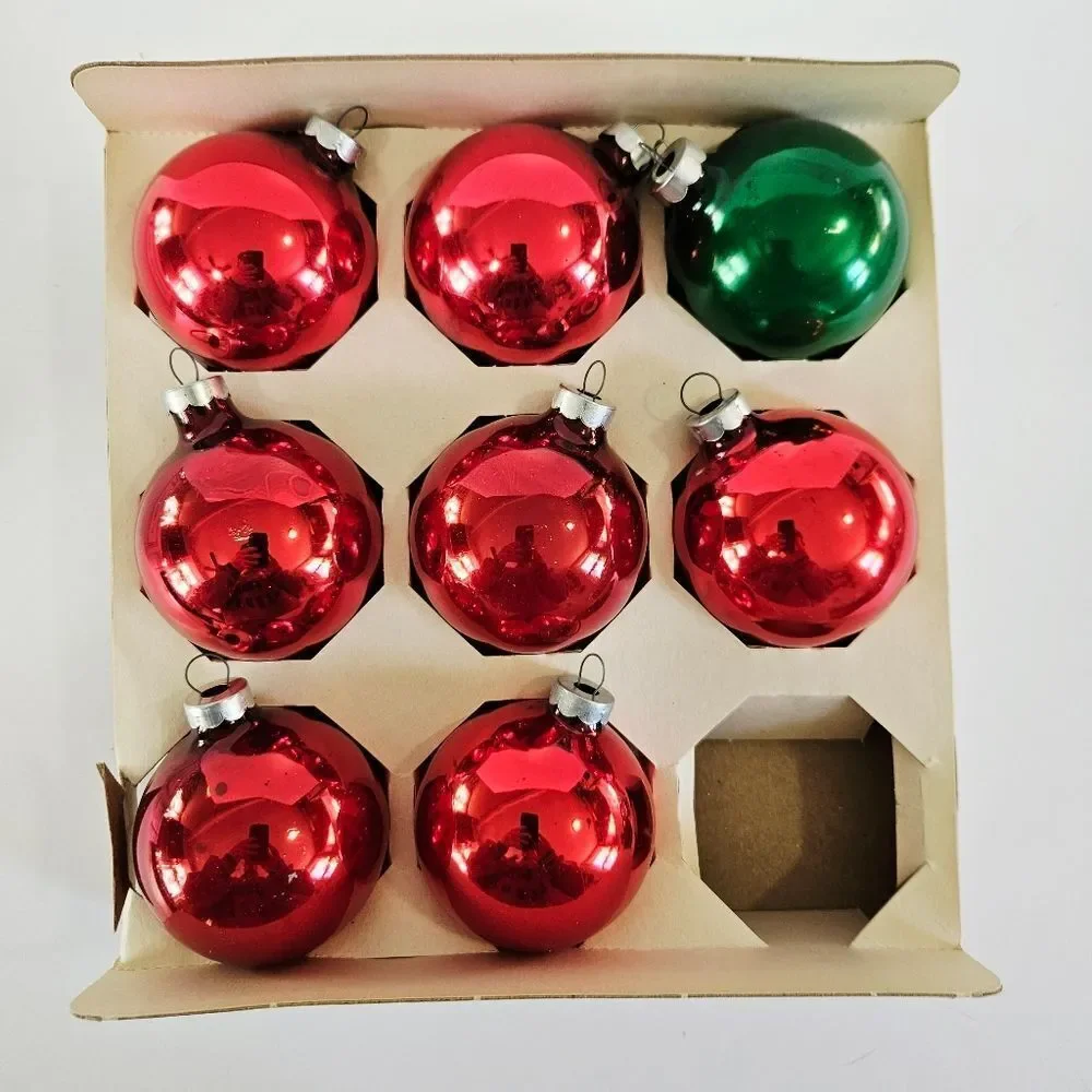 Vintage 1960's Essex Franke Red Ball Glass Christmas Ornament Set of 8 In Box